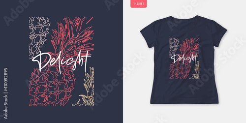 Summer graphic womens tee with pineapple, stylish print, vector illustration