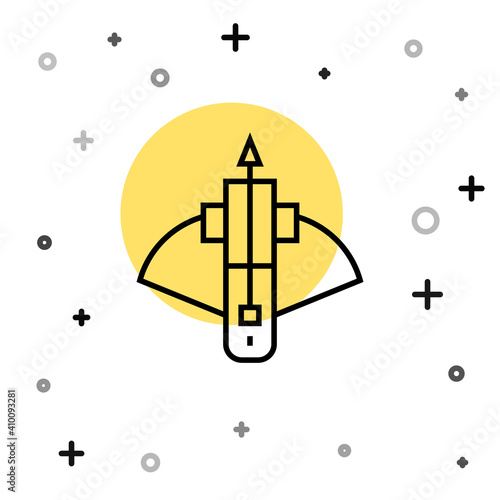 Black line Battle crossbow with arrow icon isolated on white background. Random dynamic shapes. Vector.