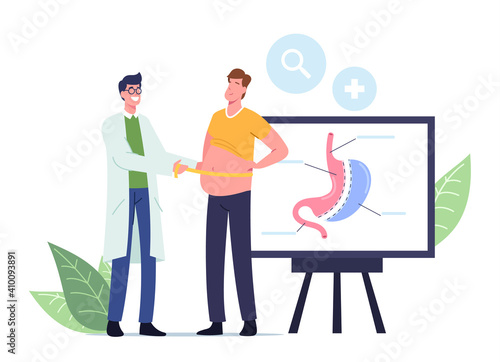 Weight Loss Medicine. Doctor Male Character Measuring Waist of Fat Man Patient Visiting Clinic for Bariatric Surgery