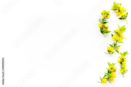 Floral pattern of yellow flowers with leaves, top view