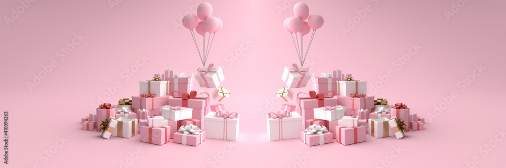 3D rendering Mockup of Many pink white gift boxes lay on a pastel pink background and Conceptual of White boxes pink ribbon floating by pink balloons minimal style. can be used for Christmas, Birthday