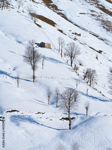 Pasiegas cabins in winter in the Valle del Miera in the Valles Pasiegos de Cantabria. Spain.Europe © JUAN CARLOS MUNOZ