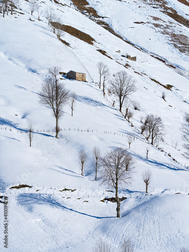 Pasiegas cabins in winter in the Valle del Miera in the Valles Pasiegos de Cantabria. Spain.Europe