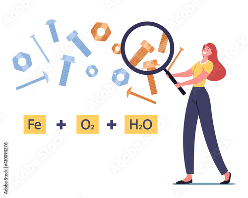 Tiny Female Character Holding Huge Magnifier Look on Formula of Chemical Reaction of Metal Corrosion with Screws or Nuts