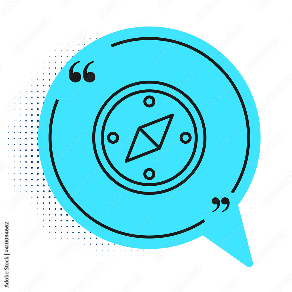 Black line Compass icon isolated on white background. Windrose navigation symbol. Wind rose sign. Blue speech bubble symbol. Vector. Black line Compass icon isolated on white background. Windrose navigation symbol. Wind rose sign. Blue speech bubble symbol. Vector.
