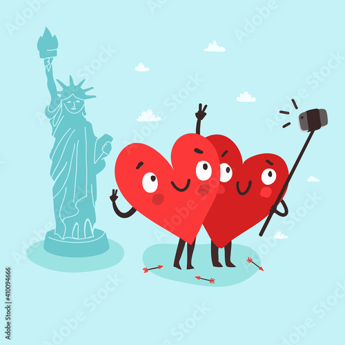 Couple cute hearts making selfie with smartphone and selfie stick near the  Statue of Liberty in New York. Romantic tour. Valentine's Day vector card. USA happy independence day concept
