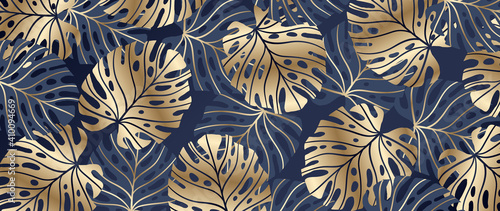 Gold pattern background vector. Monstera and tropical palm leaves line arts design wallpaper for canvas prints, fabric, wall arts for home decoration, website background. luxury  invitations.