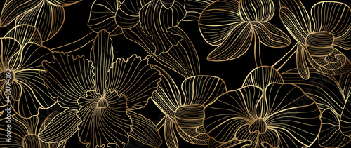 Luxury elegant gold orchids floral line arts pattern and black background. Topical flower wallpaper design, Fabric, surface design. Vector illustration.
