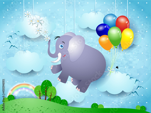 Cute flying elephant and balloons on spring landscape, vector illustration eps10