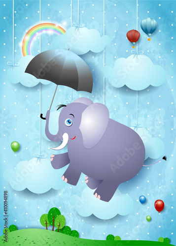 Cute elephant and umbrella on fantasy landscape, vector illustration eps10