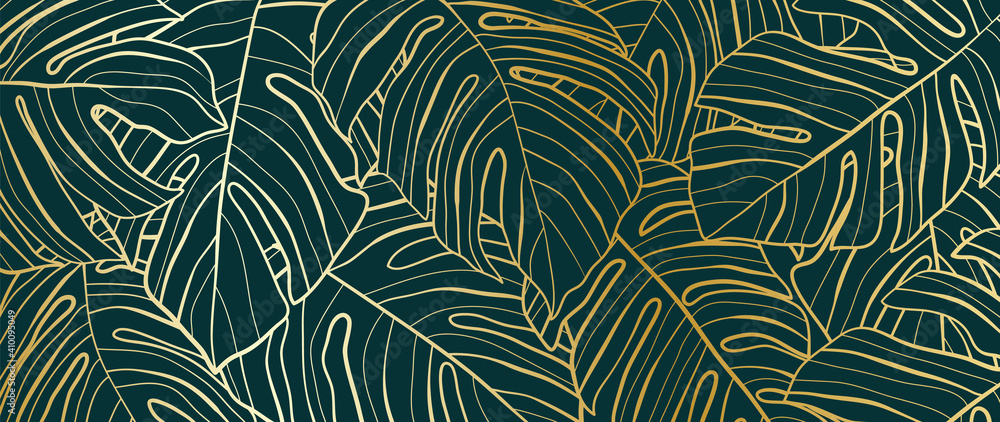 Gold pattern background vector. Monstera and tropical palm leaves line arts design wallpaper for canvas prints, fabric, wall arts for home decoration, website background. luxury invitations. Gold pattern background vector. Monstera and tropical palm leaves line arts design wallpaper for canvas prints, fabric, wall arts for home decoration, website background. luxury invitations.