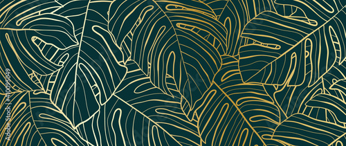 Gold pattern background vector. Monstera and tropical palm leaves line arts design wallpaper for canvas prints, fabric, wall arts for home decoration, website background. luxury invitations.
