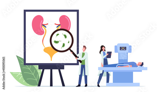 Urinary Tract Infection, UTI Medical Concept. Tiny Doctors and Sick Patient on Mri Characters at Huge Anatomical Poster