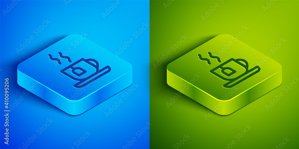 Isometric line Cup of tea with tea bag icon isolated on blue and green background. Square button. Vector. Isometric line Cup of tea with tea bag icon isolated on blue and green background. Square button. Vector.