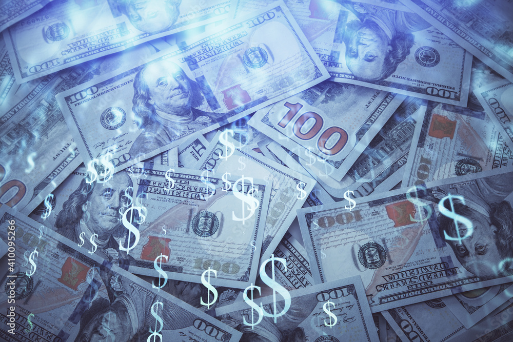 Double exposure of forex graph drawing over us dollars bill background. Concept of financial markets. Double exposure of forex graph drawing over us dollars bill background. Concept of financial markets.