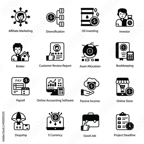 

Pack of Financial Investment and Income Glyph Icons 
