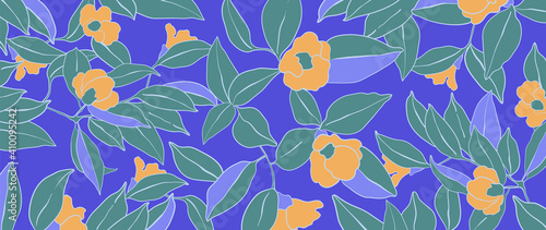 Luxury elegant orchids floral line arts pattern and black background. Topical flower wallpaper design, Fabric, surface design. Vector illustration.