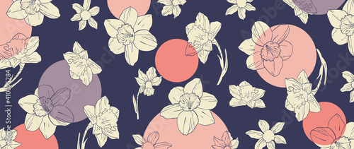Luxury elegant orchids floral line arts pattern and black background. Topical flower wallpaper design, Fabric, surface design. Vector illustration.