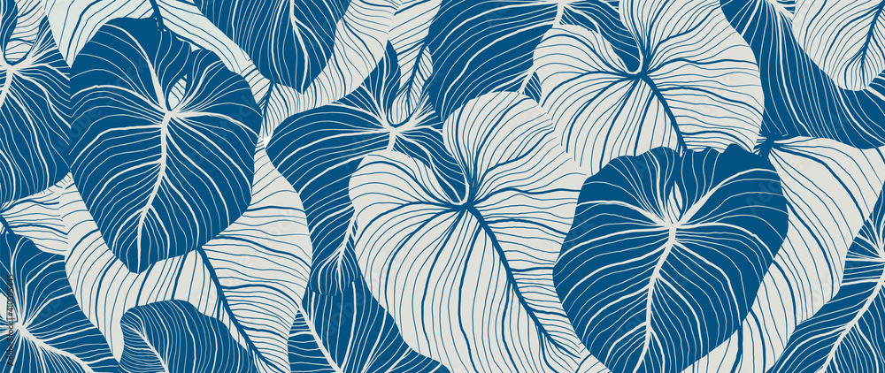 Luxury nature leaves background vector. Floral pattern, Tropical leaf with line arts, jungle plants, Exotic pattern with palm leaves. Vector illustration. - obrazy, fototapety, plakaty 