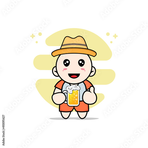 Cute kids character holding a glass of beer.
