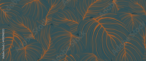 Luxury nature leaves background vector. Floral pattern, Tropical leaf with line arts, jungle plants, Exotic pattern with palm leaves. Vector illustration.