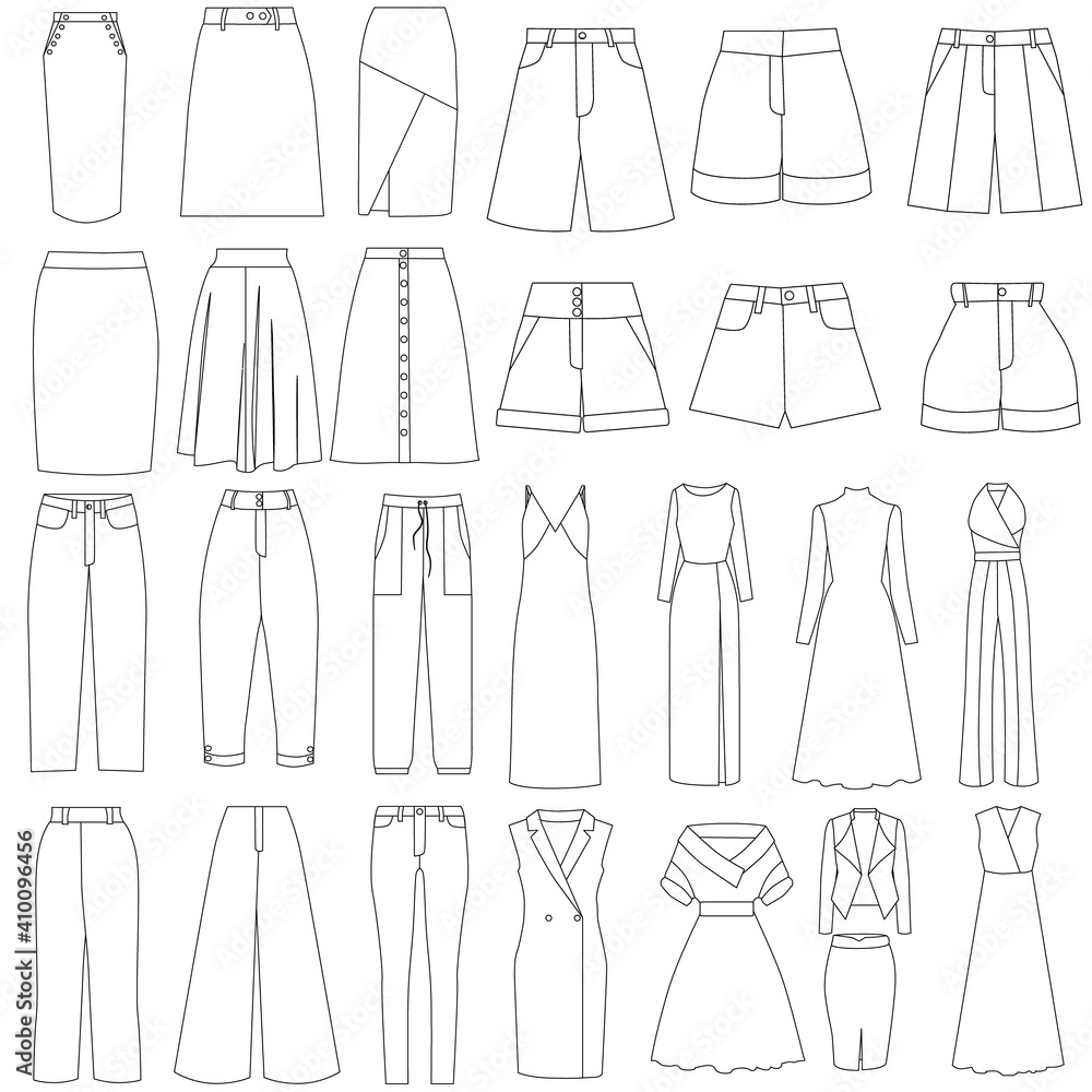 vector, isolated, set of contour womens clothing vector, isolated, set of contour womens clothing