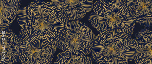 Luxury elegant gold orchids floral line arts pattern and black background. Topical flower wallpaper design, Fabric, surface design. Vector illustration.