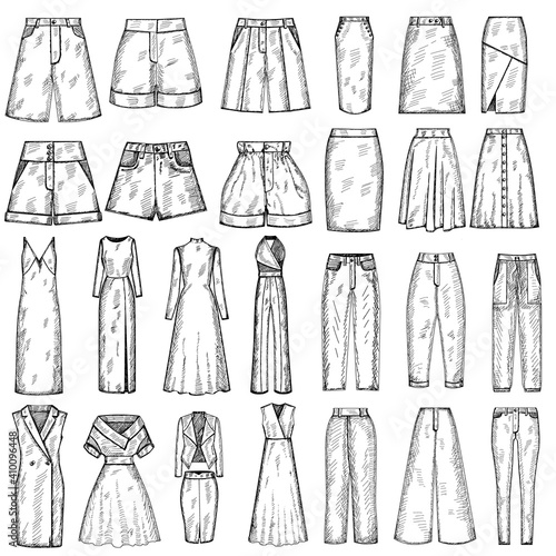 vector, isolated, set of sketch womens clothing
