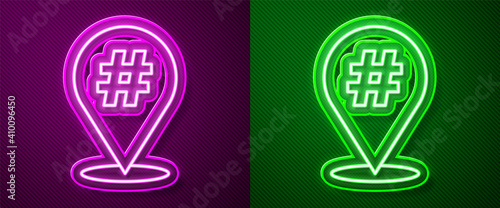 Glowing neon line Protest icon isolated on purple and green background. Meeting, protester, picket, speech, banner, protest placard, petition, leader, leaflet. Vector.