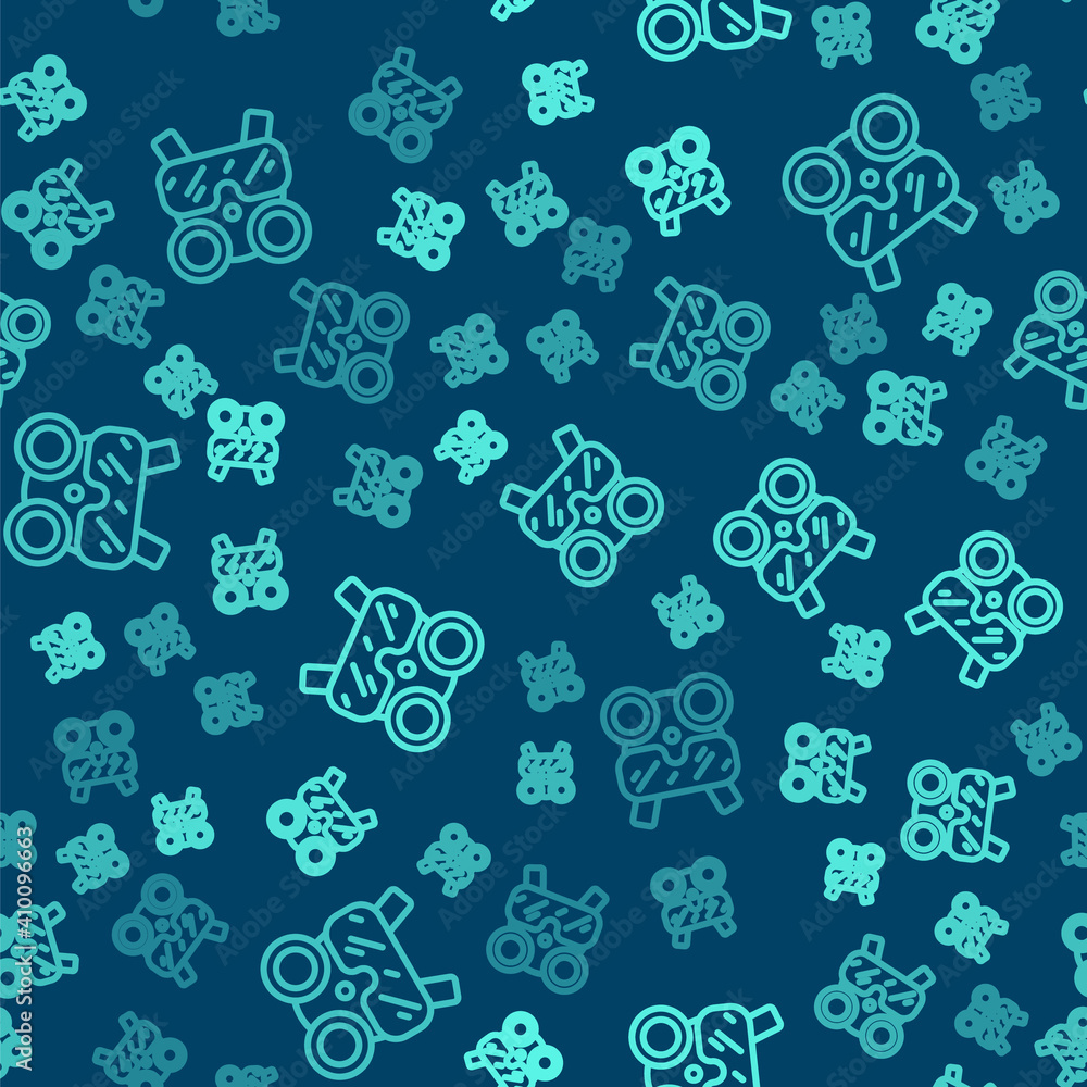 Green line Gas mask icon isolated seamless pattern on blue background. Respirator sign. Vector. Green line Gas mask icon isolated seamless pattern on blue background. Respirator sign. Vector.