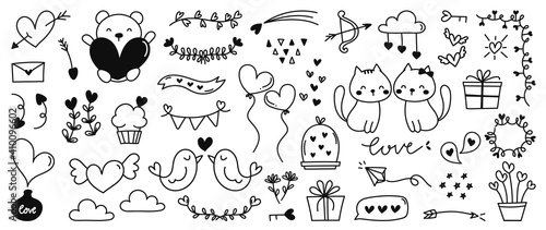 Cute valentines day doodle vector set.  Hand drawn fashion elements for kids. Love and animal   Labels  gift box   heart  arrow  wings  flowers set  cute cat  women  start  plant vector illustration.