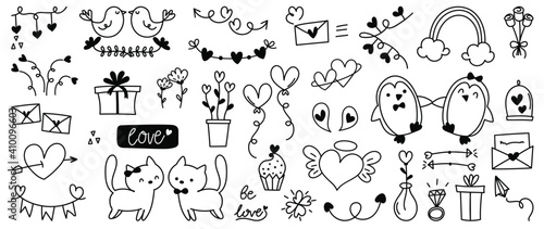 Cute valentines day doodle vector set.  Hand drawn fashion elements for kids. Love and animal , Labels, gift box , heart, arrow, wings, flowers set, cute cat, women, start, plant vector illustration.