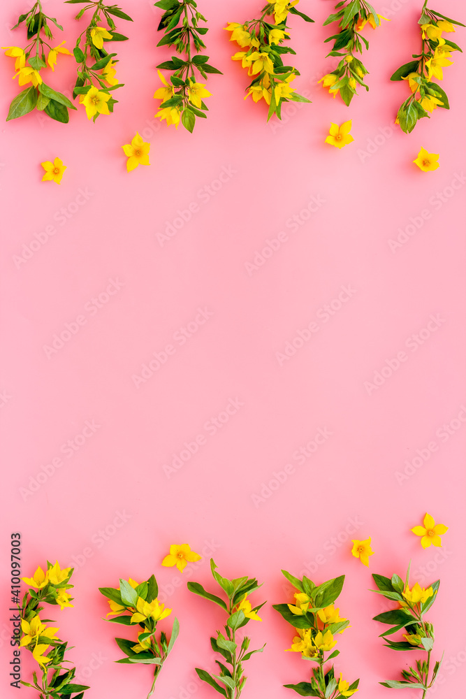 Frame of yellow flowers with leaves. Wreath of wild spring flowers Frame of yellow flowers with leaves. Wreath of wild spring flowers