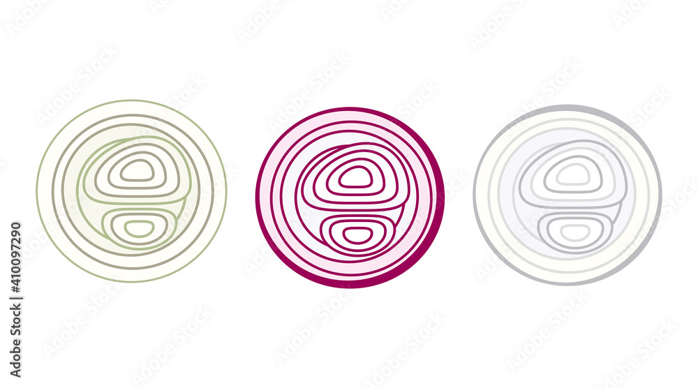Onion, cut in half. Onion bulbs cut in half. Drawing of onion rings. Vector illustration isolated on a white background for design and web. Onion, cut in half. Onion bulbs cut in half. Drawing of onion rings. Vector illustration isolated on a white background for design and web.