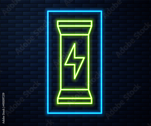 Glowing neon line Sports nutrition bodybuilding proteine power drink and food icon isolated on brick wall background. Vector.