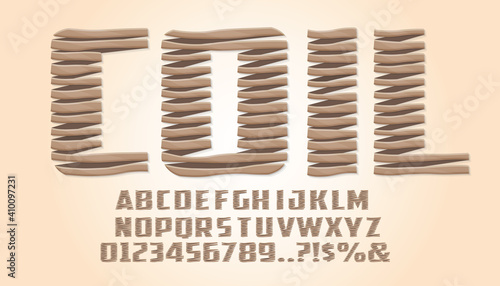 Letters made from spiral rope. alphabet letters and numbers.