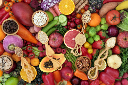 Fototapeta Naklejka Na Ścianę i Meble -  Low cholesterol vegan health food high in antioxidants with fruit, vegetables, cereals, grain, legumes and coffee. High in fibre, anthocyanins, carotenioids, vitamins, minerals and smart carbs.  
