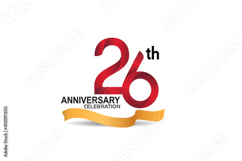26 anniversary design logotype red color and golden ribbon for celebration isolated on white background can be use for invitation, greeting card, and special event