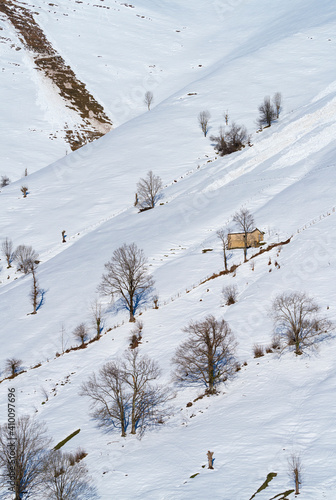 Pasiegas cabins in winter in the Valle del Miera in the Valles Pasiegos de Cantabria. Spain.Europe © JUAN CARLOS MUNOZ