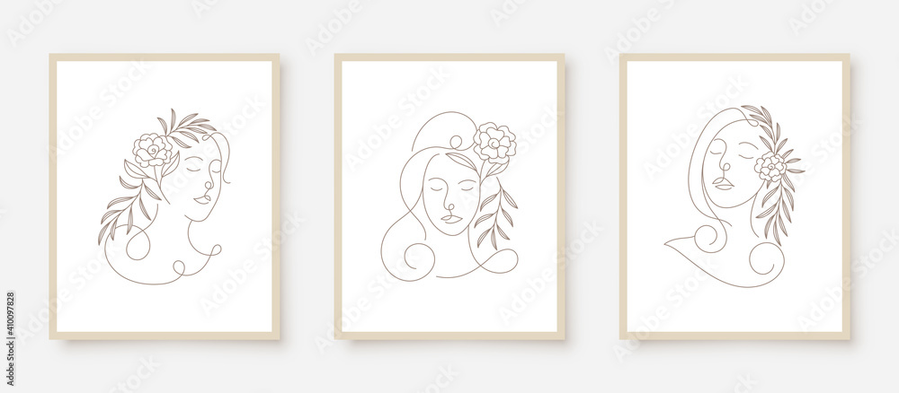 beauty woman faces in line art floral frame beauty woman faces in line art floral frame