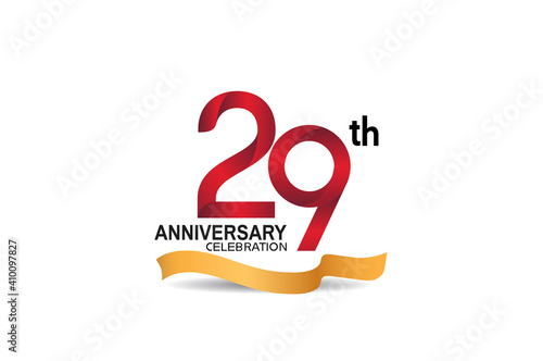 29 anniversary design logotype red color and golden ribbon for celebration isolated on white background can be use for invitation, greeting card, and special event