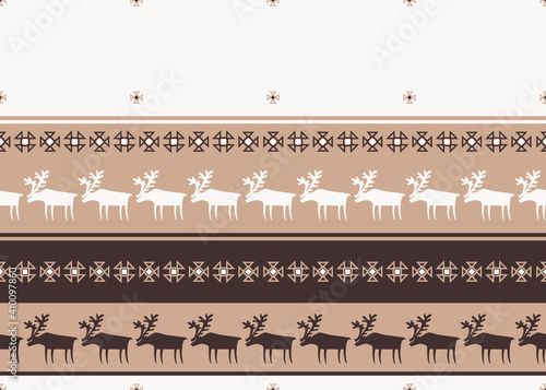 .Reindeers and Saami patterns geometric seamless texture. Lapland nature illustration.Vector design. .