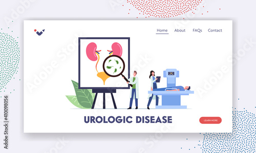 Urinary Tract Infection, UTI Landing Page Template. Tiny Doctors and Patient on Mri Characters at Huge Anatomical Poster