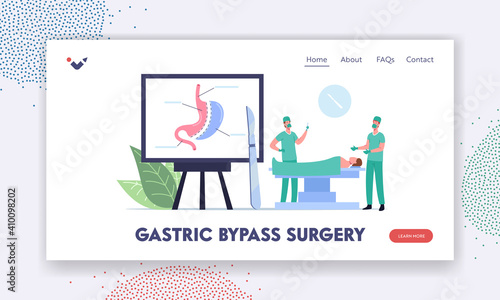 Gastric Bypass Surgery Procedure Landing Page Template. Surgeon Characters Make Operation Bariatric Surgery to Patient photo