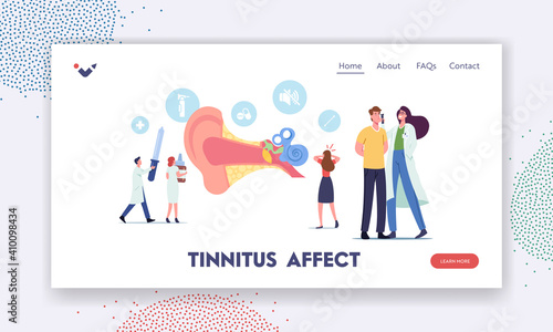 Ear Pain, Tinnitus, Otitis, Landing Page Template. Tiny Characters Doctors and Patients at Huge Human Ear Anatomy