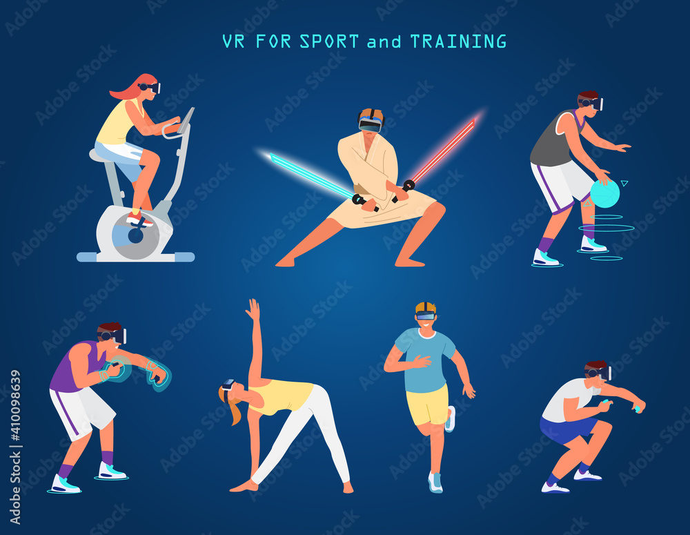 VR For Sport And Training People Vector Set. Men And Women In VR Headset Exercising And Doing Sports. Cycling, Running, Boxing, Yoga, Basketball, Fighting. VR For Sport And Training People Vector Set. Men And Women In VR Headset Exercising And Doing Sports. Cycling, Running, Boxing, Yoga, Basketball, Fighting.