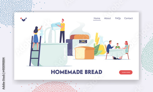People Cooking and Eating Fresh Bakery Landing Page Template. Tiny Characters Cook Homemade Bread Pouring Ingredients
