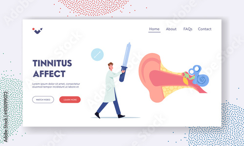 Otolaryngologist Heal Patient Hearing Landing Page Template. Tiny Doctor Audiologist with Pipette for Dripping Remedy