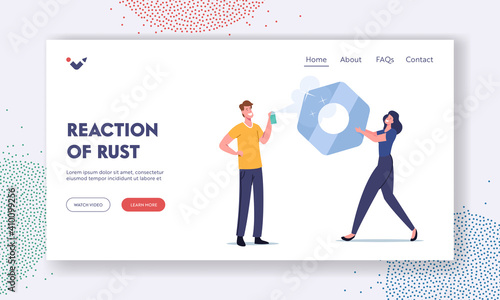 Metal Corrosion Protection Landing Page Template. Tiny Characters Use Protective Spray against Oxide Rusty Coating