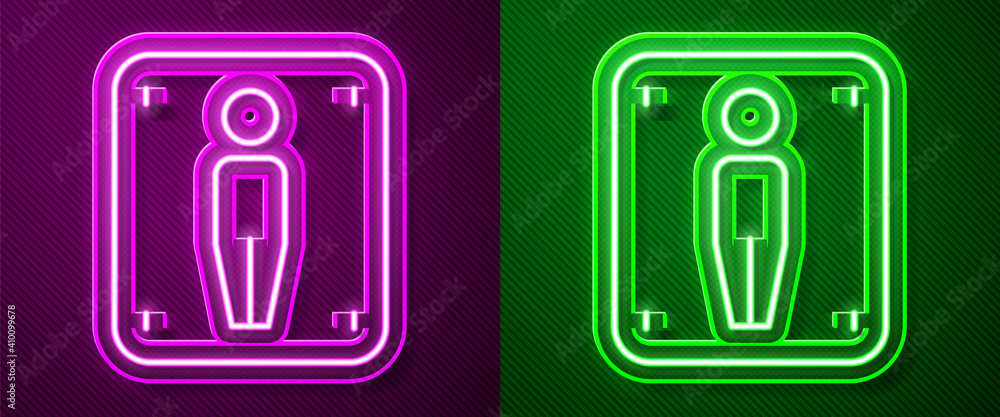 Glowing neon line Male toilet icon isolated on purple and green background. WC sign. Washroom. Vector. Glowing neon line Male toilet icon isolated on purple and green background. WC sign. Washroom. Vector.